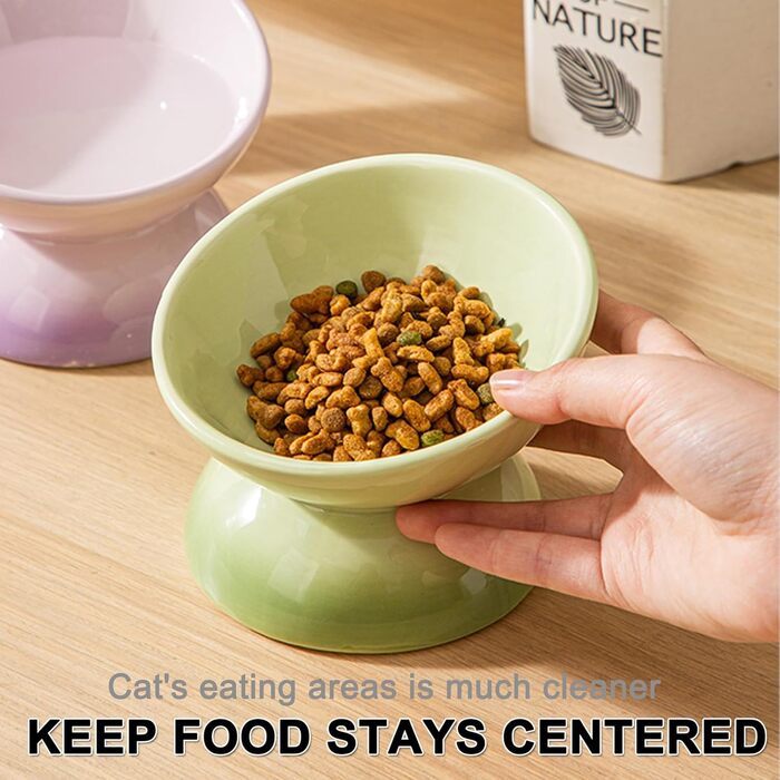 Підвищений годівниця для котів з кераміки, нахилений миска для води або корму, порцеляна, без стресу, запобігання зворотному потоку, придатний для миття в посудомийній машині та мікрохвильовій печі, лаванда (перехід кольору зелений)