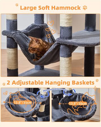 Котячий комплекс Taoqimiao MS044W сірий: 190 см, багатоярусний, з 2 будиночками, гамаками та 8 стовпчиками для дряпання