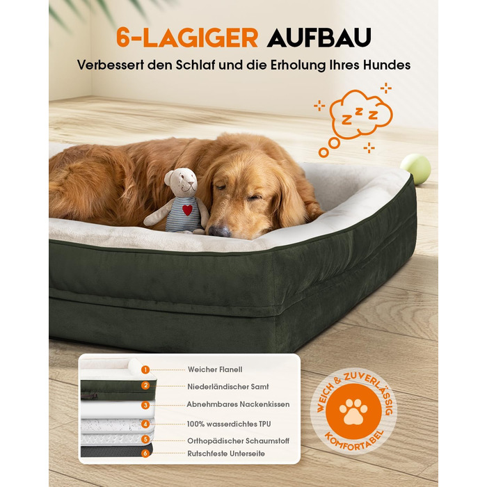 Ортопедичне ліжко для собак XL, корзина для собак, що стирається, з яєцевидною піною, вологостійкий диван для собак з неслизьким дном та чотиристоронньою подушкою (91x61x18 см, оливковий)