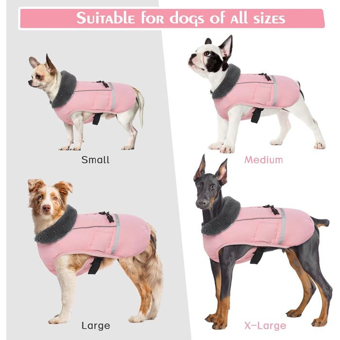 Теплий зимовий одяг для собак QBLEEV: водонепроникна куртка з флісовою підкладкою, рогатий комір, для холодної погоди, всі розміри, рожевий, L (Обхват грудей 50-80 см)