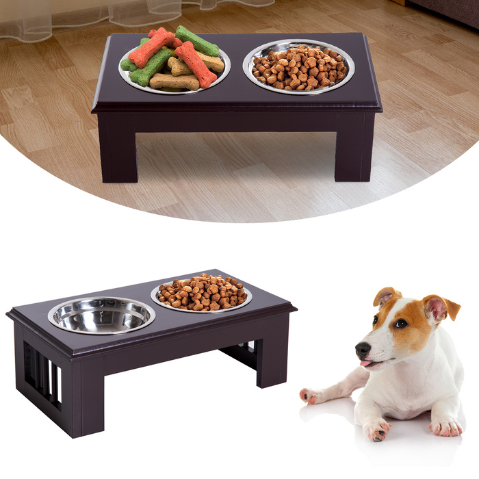 PawHut Dog Bowl Набір з 2 мисок для їжі з нержавіючої сталі, піднята миска для кішки, МДФ, проста в обслуговуванні, кава, 44x24x15см| Аосом