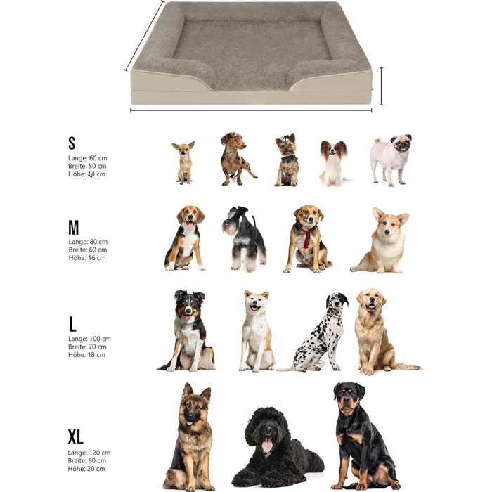Ортопедичне собаче ліжко Normani для великих, середніх та маленьких собак - м'яке ліжко-диван з високим бортиком, колір бежевий, розмір 60x80x16 см