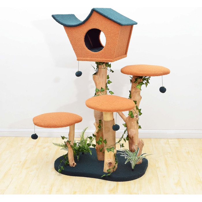Котячий будиночок з подвір'ям та дряпалкою Fudajo 154 см, з м'яким хутром та деревом, з іграшками