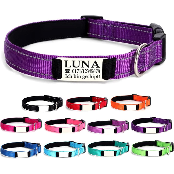 Персоналізований нашийник для собак, з іменем, середнього розміру, 35-50 см, світловідбиваючий, для собак середніх порід (Lila, M)