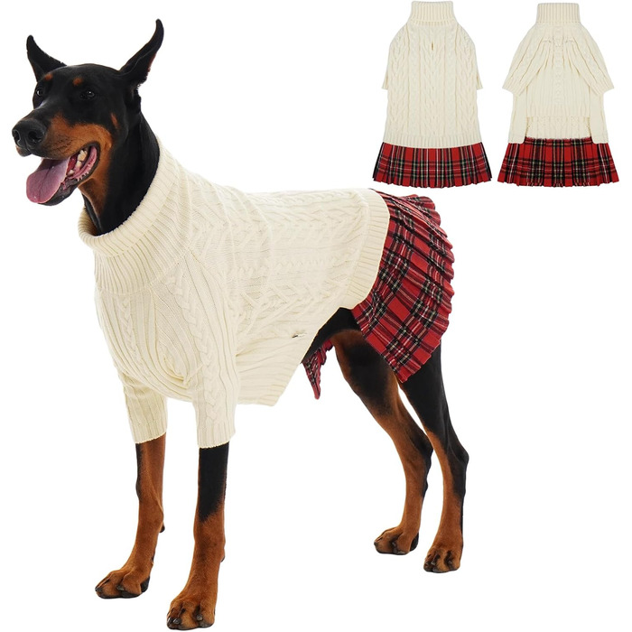 Теплий зимовий пуловер для собак великих порід IECOii, червоний, з отвором для повідка, в'язаний з косами, XXXL (71 см)