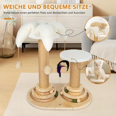 Інтерактивна іграшка для котів 6 в 1, дерев'яні котячі меблі з підвісними кульками, пір'ями, поворотним шариком, котячий когтетоп з сизалю та джуту для кошенят та середніх котів, зелений (білий)