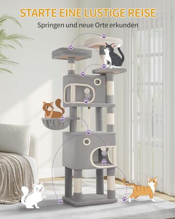 Кігтеточка для котів Hzuaneri, 159 см, з 8 стовпчиками, 3 платформами, 2 ховалами, корзиною, плюшевими кульками, мотузкою з сизалю, підходить для котів різних розмірів, MS15918LG (XL, світло-сірий)
