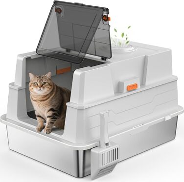 Велика лоток для котів з нержавіючої сталі з кришкою, XXXL, для великих та кількох котів, високі бортики, захист від протікання сечі, антибактеріальний, легко чистити