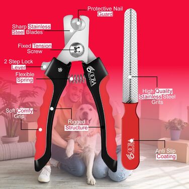 Кліпер для нігтів собак OCBA з захистом від перерізання та пилочкою, професійний, для всіх порід, також для котів та кроликів, червоний/чорний, маленький