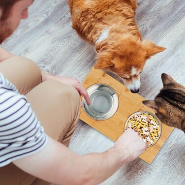 Підставка для корму Relaxdays для котів та маленьких собак, 2 миски по 300 мл, піднята, бамбук та нержавіюча сталь, 12x39x19,5 см, натуральний колір/срібло