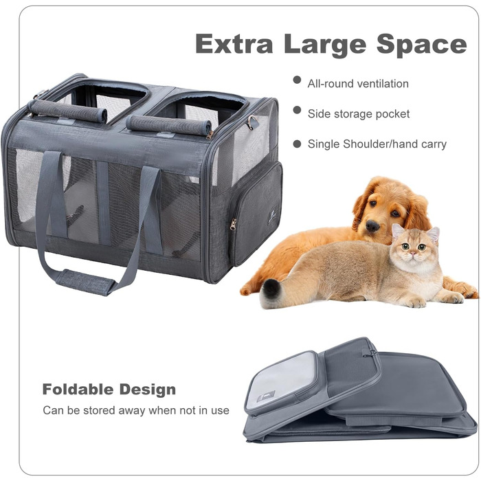 Транспортна сумка PETCUTE для котів середніх розмірів та маленьких собак до 17.5 кг, складана переноска з плечовим ременем та внутрішнім страхувальним шнуром, переноска для котів для подорожей, схвалена авіакомпаніями, темно-сіра