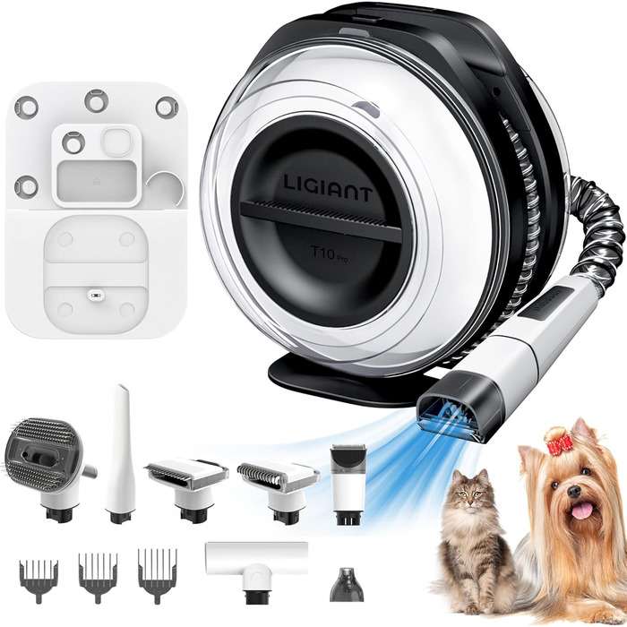 Бездротовий пилосос для собак T10 Pro 7-в-1: догляд, стрижка, точилка для кігтів, щітка. Великий контейнер 2.2л. Ідеально для прибирання шерсті вдома, в авто та на вулиці. Чорний та білий.