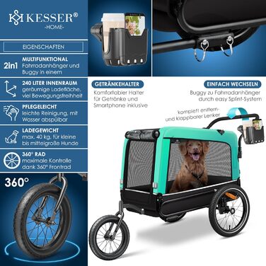 KESSER® Візок-причіп для собак Boxer 3в1: візок для прогулянок, бігу та велосипедний причіп, великий об’єм 240 л, амортизований, міцна тканина 600D Oxford, система SmartSpace, навантаження до 40 кг, з підстаканником