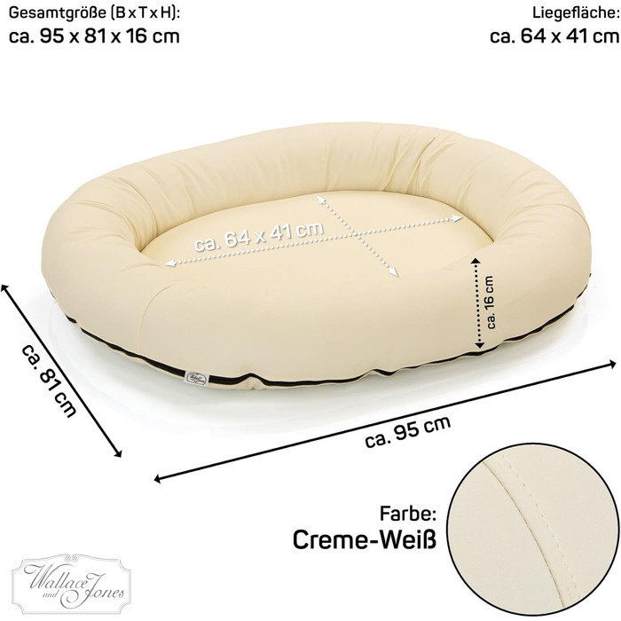 Wallace & Jones | Преміум лежанка для собак Болтон, 63x50 см, штучна шкіра, для маленьких собак, з блискавкою, що ховається, пральна, неслизька, (95 x 81 см, кремово-білий)