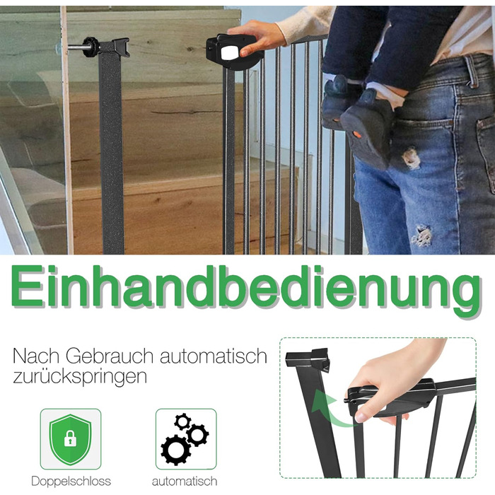 Захист для воріт/сходи: сітка без свердління, 105-115 см. Ідеально для собак та дітей. Двозамкове закриття, автоматичне закриття, відкривання однією рукою, стопор 90°, білий колір.