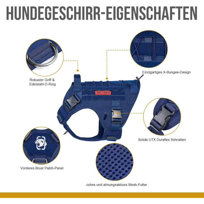 Тактична шлея для собак OneTigris FIRE WATCHER, XL, синя, 1000D нейлон, з ручкою і 2 D-кільцями, захисна амуніція для дресирування та прогулянок