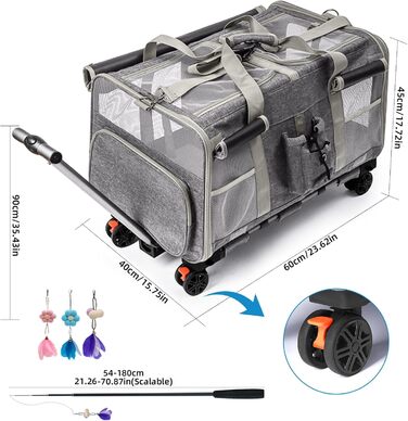Переноска для котів велика, на колесах, 2-в-1 з відділеннями, з іграшкою та ремінком (сіра)