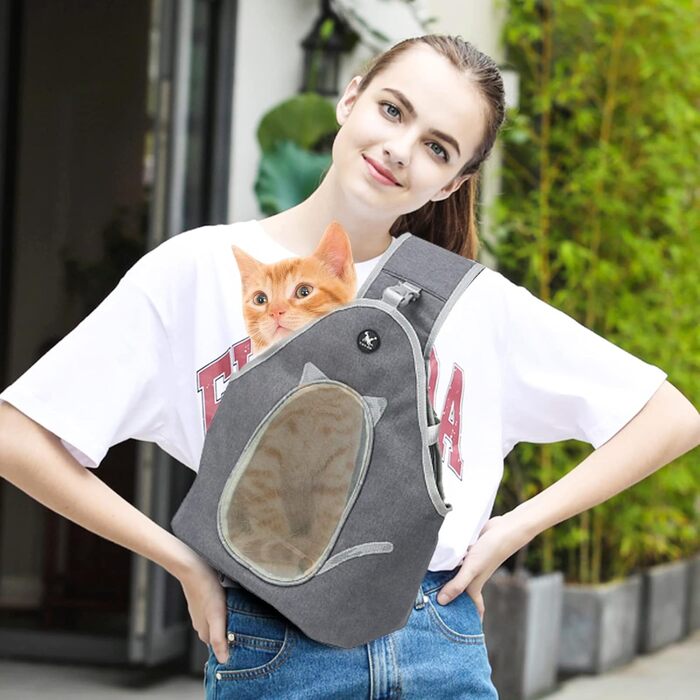 PETCUTE Сумка-переноска для собак та котів, складана, сіра, з ремінком безпеки та кишенею