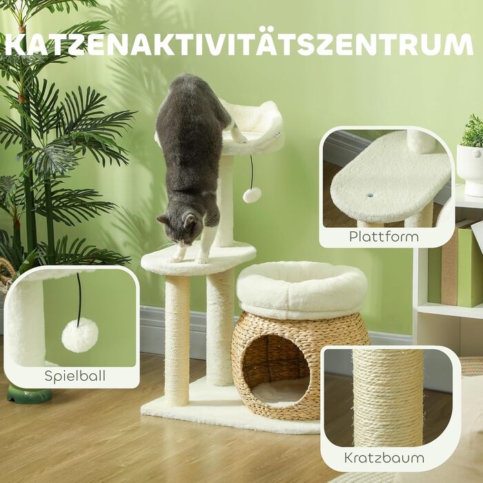 PawHut Когтеточка для котів 79 см з будиночком, лежаком і іграшками, кремово-біла, з сизалевими стовпчиками, для котів до 5 кг