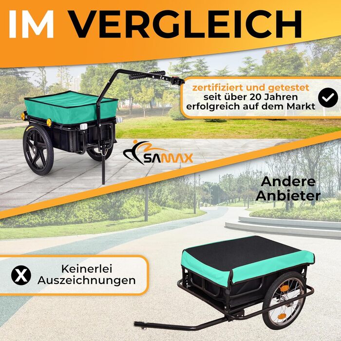 Причіп для велосипеда SAMAX 90 літрів, 80 кг з комплектом: з'єднувач, захисний тент, кріплення. Чорний, для перевезення вантажів.