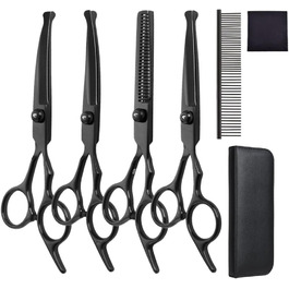 Набір професійних ножиць для собак 6-в-1 з круглим наконечником, чорний нержавіючий сталь, з серветкою для догляду за шерстю собак, котів та інших тварин