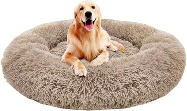 Преміум ортопедичне ліжко для собак великих та екстра-великих порід, Donut ліжко для собак, м'який плюш, кругла собача софа з водонепроникним дном, миється (80см), розмір: 80 x 50 x 18 см, світло-коричневий