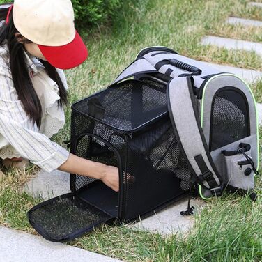 Транспортна сумка для котів, рюкзак для маленьких собак, дихаюча та розширювана сумка-рюкзак для подорожей та перевезення домашніх тварин (сірий з зеленими вставками)