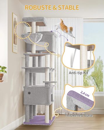 Котячий будиночок Hzuaneri XXL з 10 стовпчиками для дряпання, 2 печерами, 2 гамаками, великою платформою, щітками для котів, кошиком. Підходить для Maine Coon, великих котів, сірий колір MS20018LG