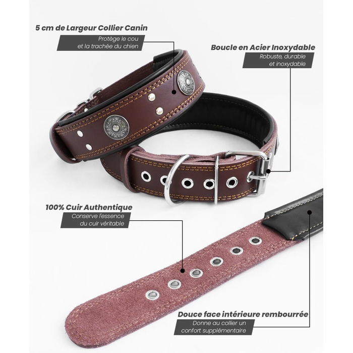 Нашийник для собак з натуральної шкіри, 5 см, ручної роботи, коричневий (S 38-49 см)