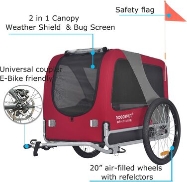 DOGGYHUT® Преміум великий велосипедний причіп для собак об'ємом 270 літрів, підходить для середніх та великих собак (ЧЕРВОНИЙ)