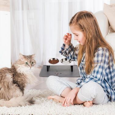 Підвищений годівниця для котів з килимком, нахилений під кутом 15°, миска для їжі та води, що запобігає блювоті, 2 шт. з нержавіючої сталі для котів та цуценят (сірий), 2 миски (білий)