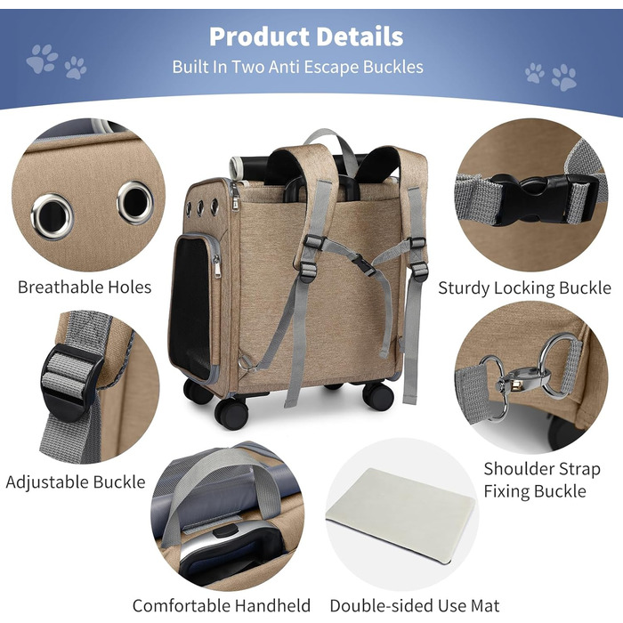 Рюкзак-переноска для кота та собаки PETCUTE з візком 2 в 1 до 11 кг, складаний, з витяжною підстилкою, багатофункціональний, дихаючий, для кошенят та цуценят (Хакі)