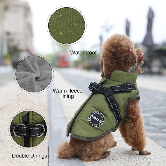 Тепла куртка для собак – м'яка флісова жилетка з вбудованим шлейкою, водонепроникна, вітронепроникна, світловідбиваюча, зручний зимовий пуховик для маленьких та середніх собак, зелений, розмір Large