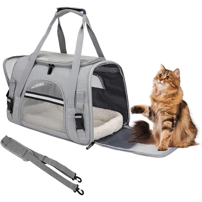 Транспортна сумка для тварин ZSMJAER з підстилкою з флісу, для котів та малих собак до 10 кг, сірого кольору