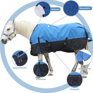 Водонепроникна попона-дожник для коней 1200D, дихаюча легка накидка без наповнювача (0г), чорно-синя, 165 см