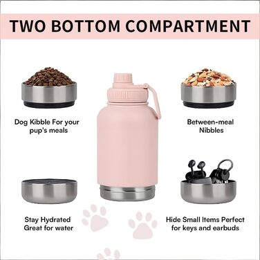 Миска-поїльник для собак 3-в-1 950 мл, рожева. Термопоїльник з мисками для їжі та води. Ідеально для подорожей та прогулянок.