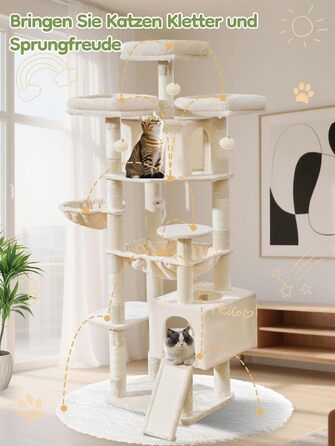 Дерев'яний комплекс для котів Taoqimiao 193 см, великий, з будиночками, лежаками, гачком та когтеточками (MS047G, сірий/бежевий)