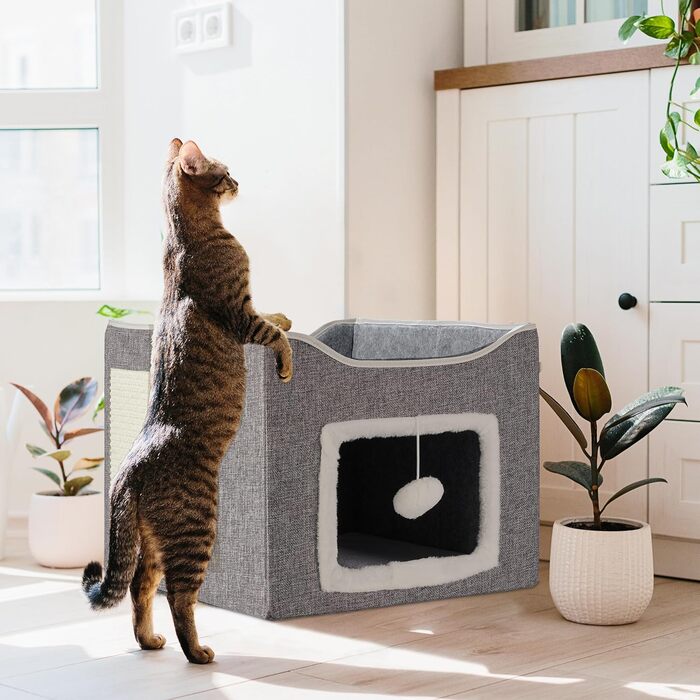 Будиночок для котів Relaxdays, 32x40x40 см, з іграшкою, кігтеточкою, 2 подушками, складаний, сірий