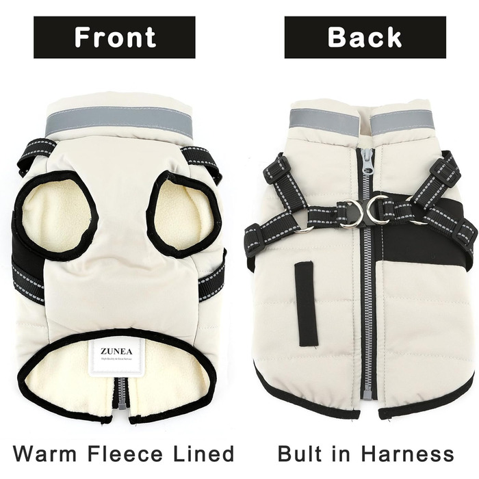 Зунеа Куртка для собак маленьких порід, тепла зимова куртка для цуценят з шлейкою, світловідбиваючі елементи, регульована застібка-блискавка, тепла флісова підкладка, сніговик, розмір XS/S, одяг для домашніх тварин, бежевий колір