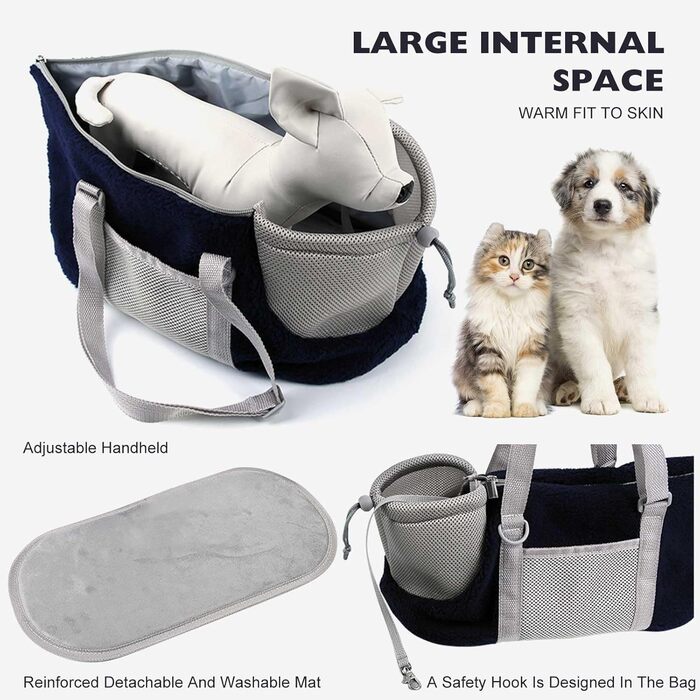 PETCUTE Сумка-переноска для собак та котів, дихаюча, знімний дно, регульована ручка, безпечний поводок, темно-синій
