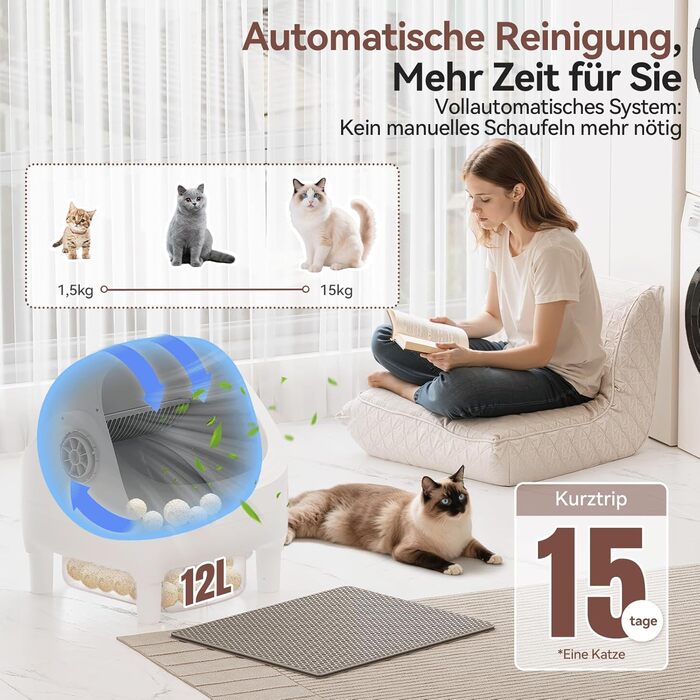 Автоматичний лоток для котів TRIUMPHKEY, XXL, з керуванням через додаток, самоочисний, для великих котів до 15 кг, 15 днів без очищення, підходить для кількох котів