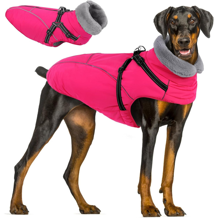 Водонепроникний теплий одяг для собак Queenmore з шлейкою, флісова куртка для великих собак на зиму, для екстремальних погодних умов, для таких порід як: дог, лабрадор, хаскі, голден ретрівер (рожевий, 3XL)