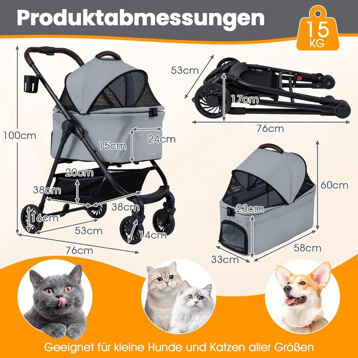 Візок для собак COSTWAY 3 в 1: візок-будка, візок для тварин з регульованим дахом, кошиком та тримачем для напоїв, для собак та котів до 15 кг, металевий (сірий)