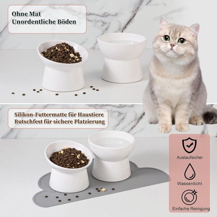 Набір мисок для котів з підняттям, кераміка, 3 шт. з антиковзною підкладкою, великі миски для їжі та води, білий