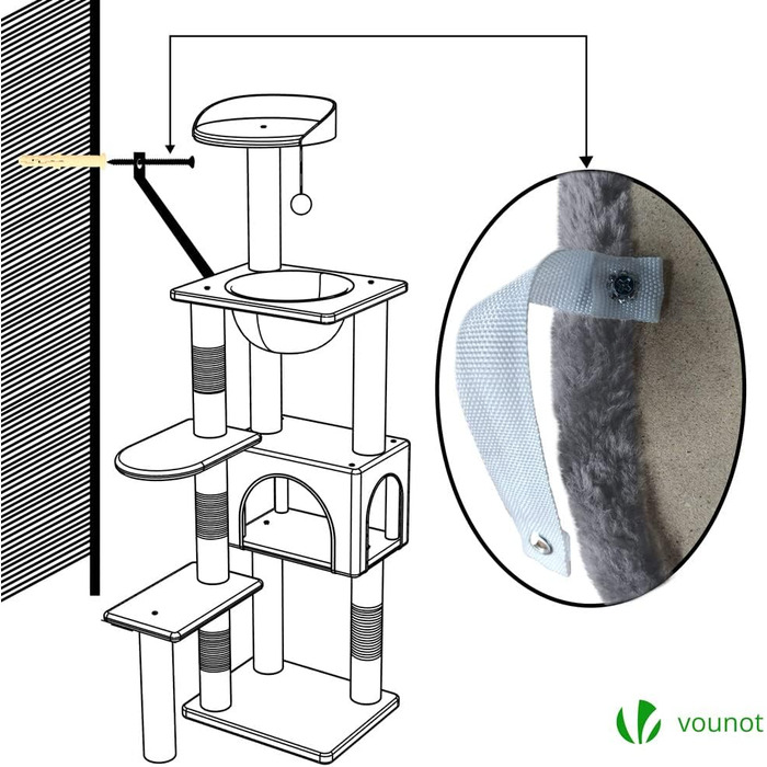 Когтеточка для котів Vounot XXL 215 см, багатоярусна, з гамаком та корзиною, сірого кольору
