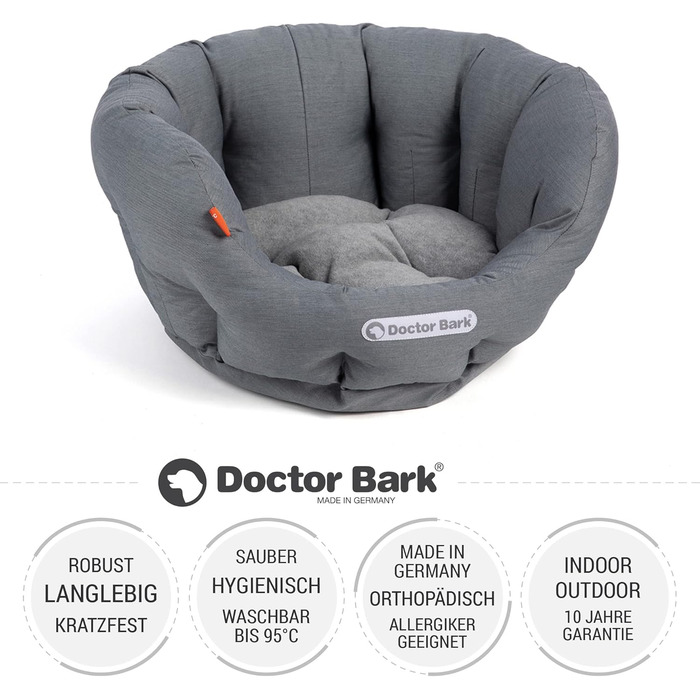 Ліжко для собак Doctor Bark кругле, ортопедичне, з м'якою подушкою та іграшкою, для малих порід, світло-сіре, 40x35 см, пране при 95°C, Німеччина
