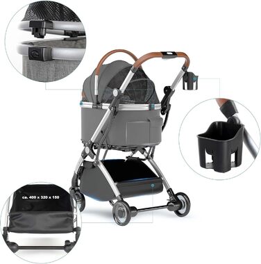 Візок для собак Fudajo 2в1, розкладний, з сумкою-переноскою для собак та котів (сірий, до 15 кг)