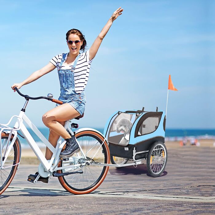 Haustieranhänger GOPLUS для собак та інших тварин: дихаючий, з 3 входами, безпечний, з прапорцем та відбивачами, для середніх собак (блакитний)