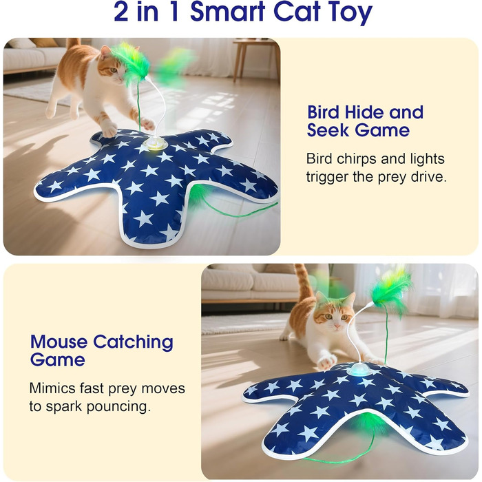 Інтерактивна іграшка для котів PUHOHUN: автоматична мишка з пір'ям, іграшка-палиця з пір'ям, синього кольору