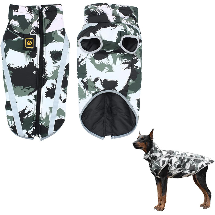 Водонепроникний теплий зимовий одяг для собак 4XL - куртка для собак, жилет для собачого спорту, одяг для домашніх тварин з отвором для шлейки, світловідбиваючими смугами, вітро- та снігонепроникний костюм для собак, білий/чорний колір